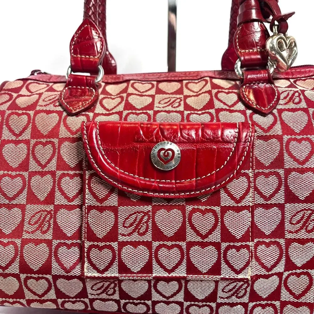 Brighton Red Heart Canvas & Croc Embossed Leather Vtg Satchel